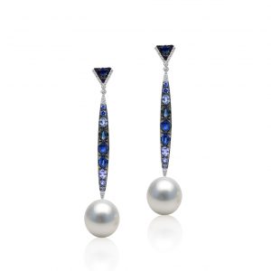 Australian White South Sea Pearl Earrings set in 18k with Blue Sapphires and Diamonds