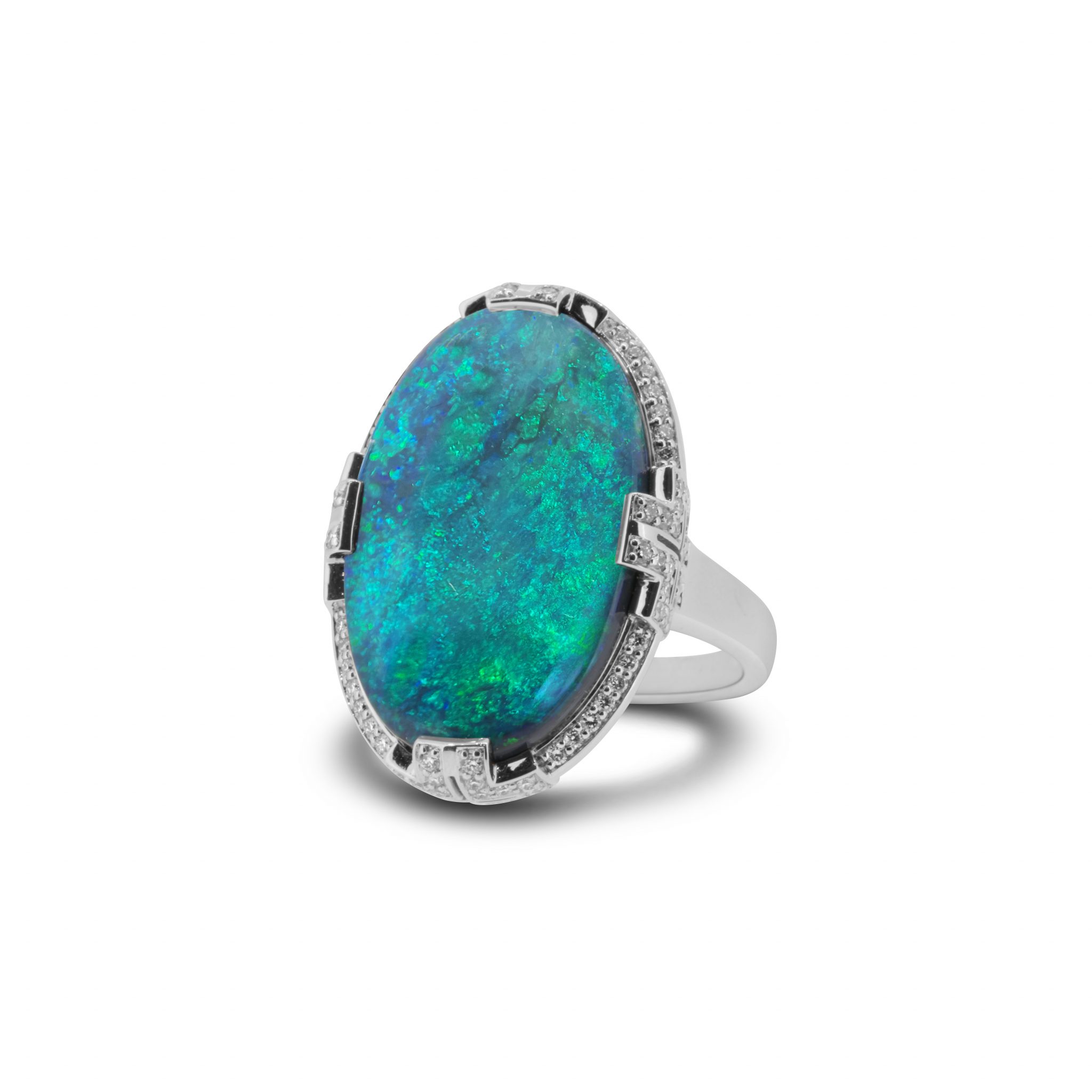 Black Opal Ring set in 18k White Gold with Diamonds featuring Flashes