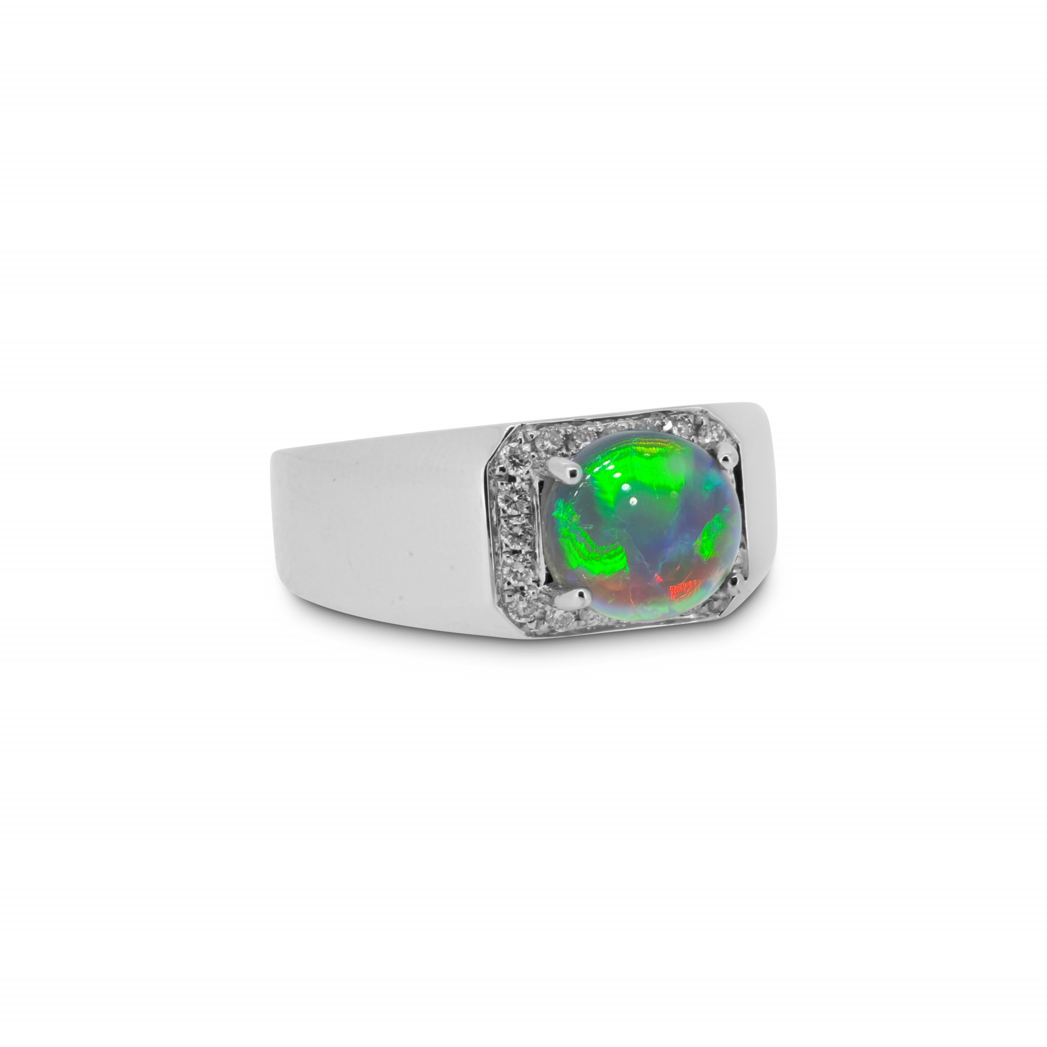 Gem Grade Men's Black Opal Ring set in 18k white gold with Diamonds