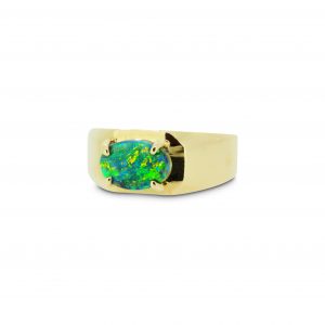 Gem Grade Men's Black Opal Ring set in 18k yellow gold displaying Green Multi Colours