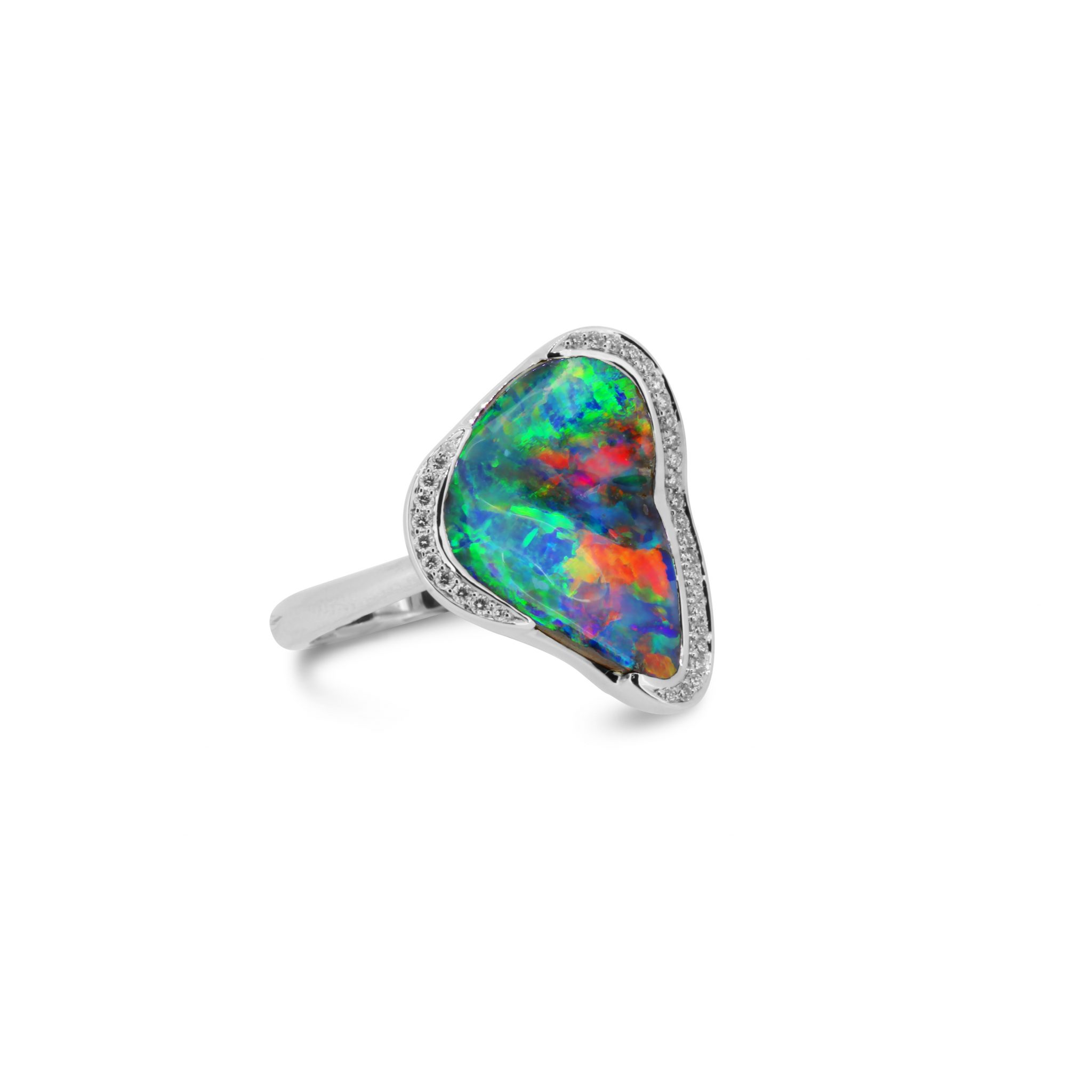 Gem Grade Boulder Opal Ring set in 18k White Gold with Diamonds