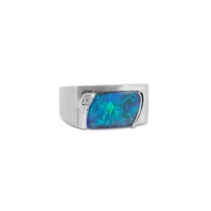 Black Opal Ring set in 18k White Gold with Diamond featuring Tranquil Ocean Blues and Greens