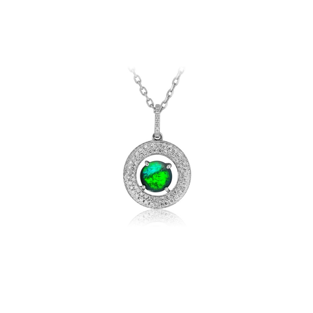 Exquisite Black Opal Pendant set in 18k White Gold with Diamonds