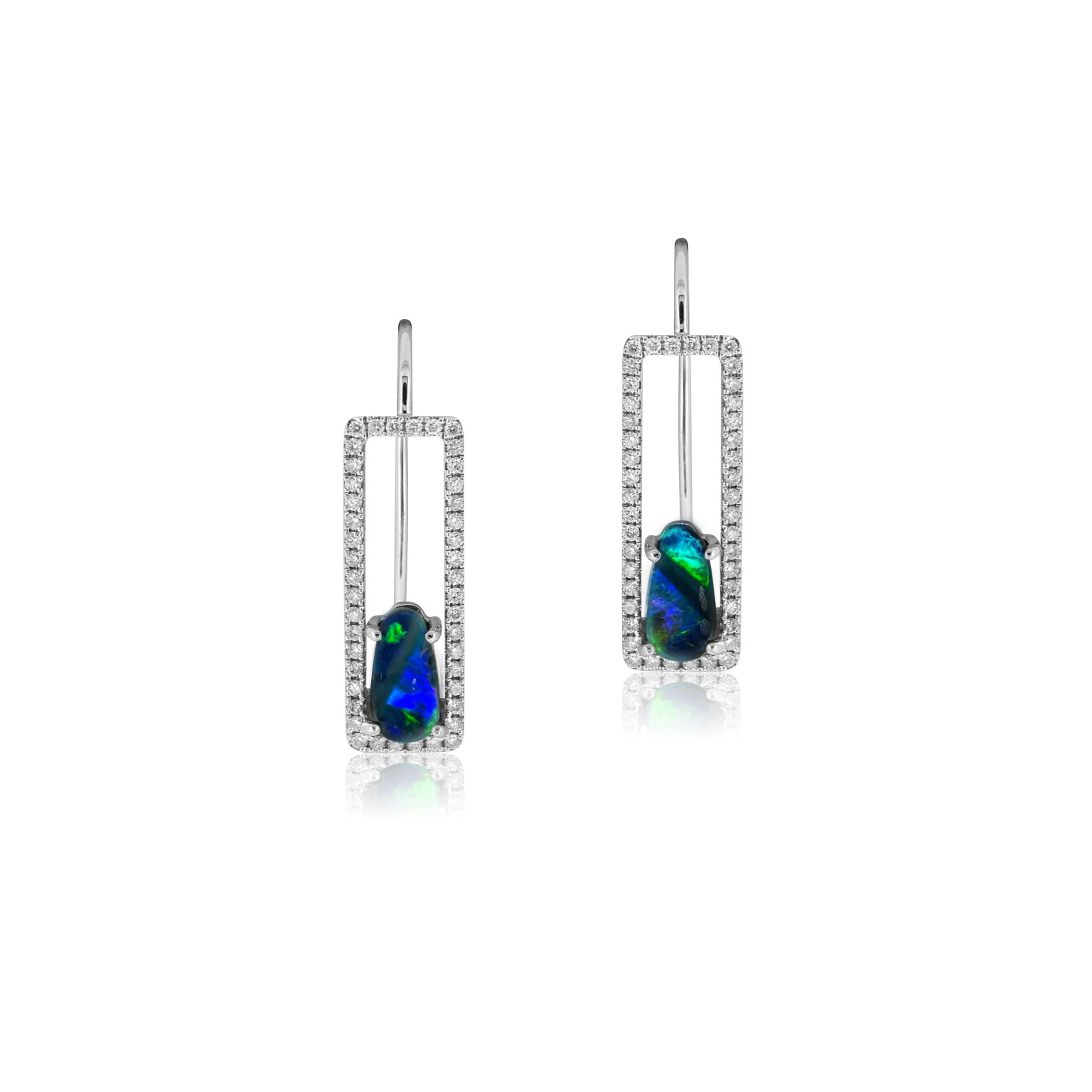 Boulder Opal Earrings set in 18k White Gold featuring Vivid Flashes of