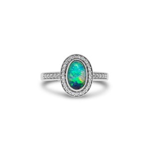 Black Opal Ring set in 18k White Gold with Diamonds exhibiting Gorgeous Colours of the Ocean