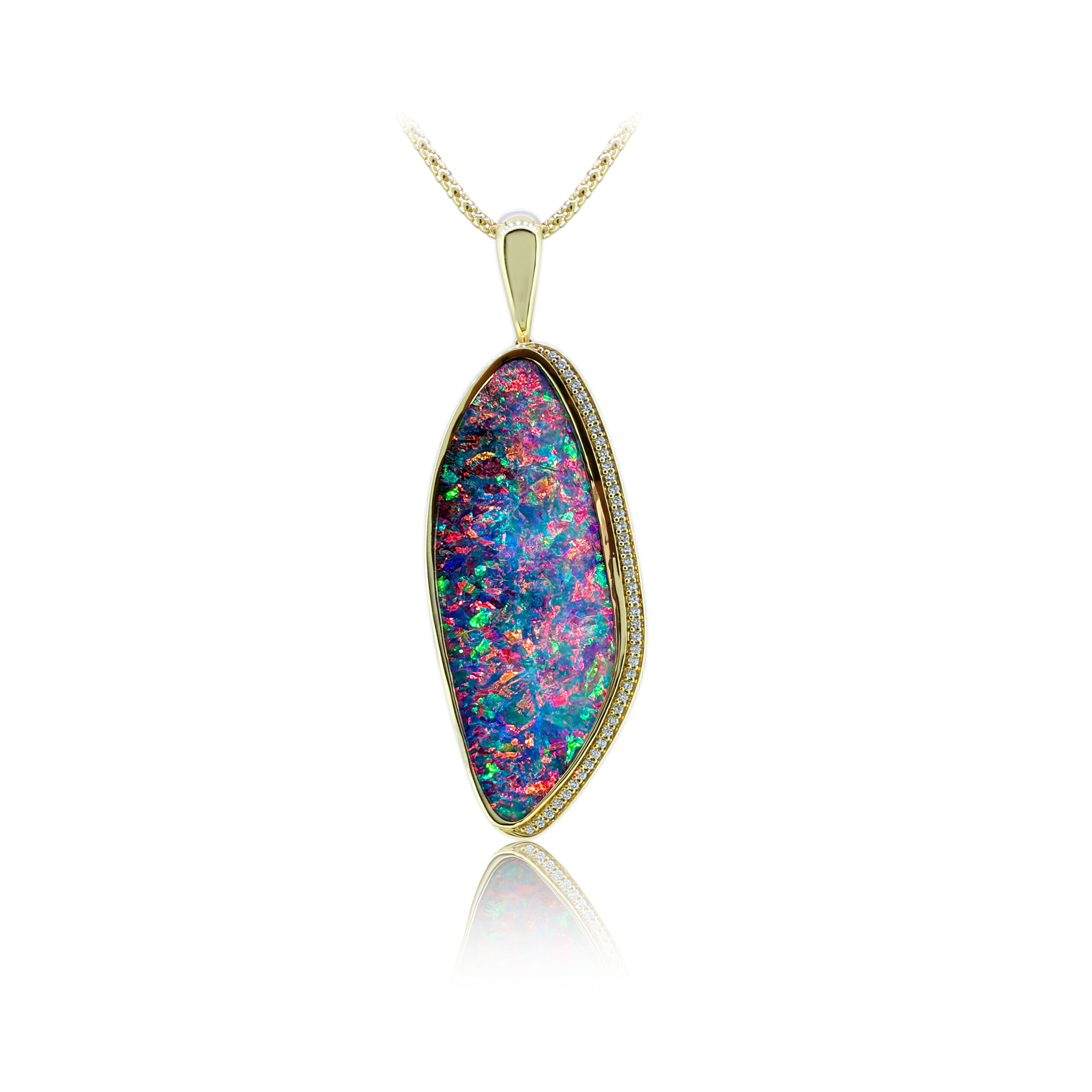 This exceptional solid Australian gem-grade 31.58ct boulder opal pendant showcases features red, pink and purple fire, beautifully accented by diamonds