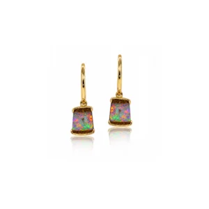 Natural Australian Boulder Opal Earrings in 14k Yellow Gold