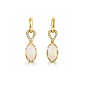 Australian crystal opal drop earrings with diamonds in 14k yellow gold