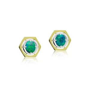 Contemporary Australian black opal stud earrings in 14k yellow and white gold