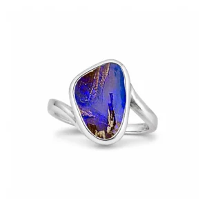 Natural Queensland boulder opal ring in 14k white gold