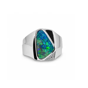 Modern Australian solid black opal statement ring in 14k white gold