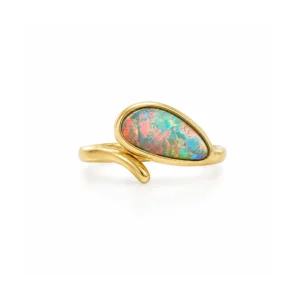 Contemporary Australian black opal bypass ring in 14k yellow gold