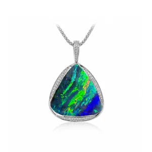 26.34ct gem-grade Australian boulder opal pendant with diamonds in 18k white gold