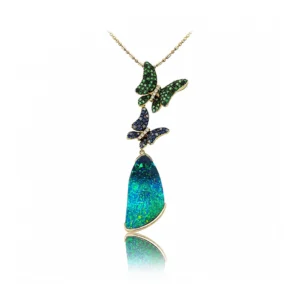 Luxury Australian boulder opal butterfly pendant with coloured gemstones and diamonds in 18k yellow gold