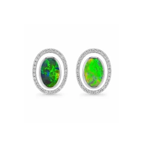 Vivid green gem-grade black opal earrings with diamond halo in 18k white gold
