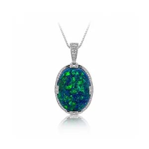 Gem-grade Australian black opal pendant with diamonds in 18k white gold 15.77ct