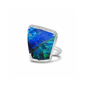 21.85ct Australian boulder opal ring with diamonds set in 18k white gold