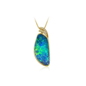 Gem-grade 55.23ct boulder opal pendant in 18k yellow gold with vivid green and blue play of colour