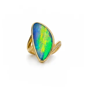One-of-a-kind Australian black opal ring with diamonds in 18k yellow gold