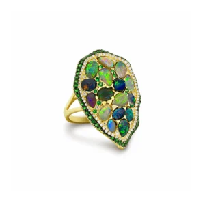 Handcrafted Australian black opal mosaic ring with diamonds and green garnets in 18k yellow gold