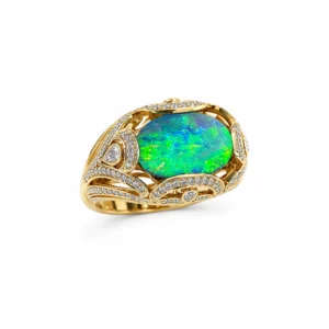 Australian Black Opal Ring in 18k Yellow Gold with Diamond Accents