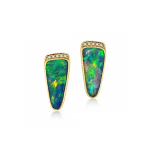 Black Opal Earrings set in 14k yellow gold with Diamonds featuring green and orange flashes
