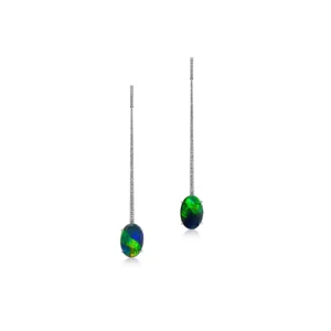 Black opal earrings set in 18k white gold with diamonds featuring vivid green flashes