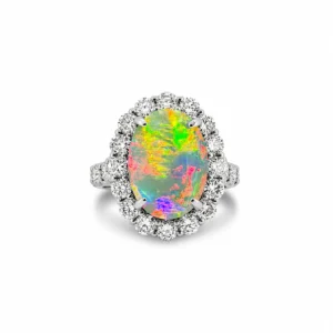 Handcrafted Gem-Grade Australian Black Opal Ring with Diamonds in Platinum