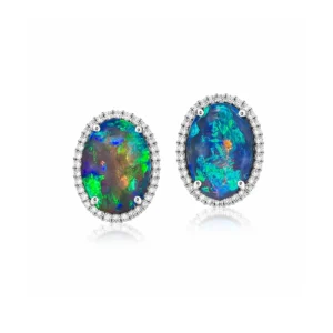 Australian black opal diamond earrings in 18k white gold with vivid green, blue and orange fire