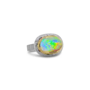 Australian black opal ring in sterling silver and 14k yellow gold