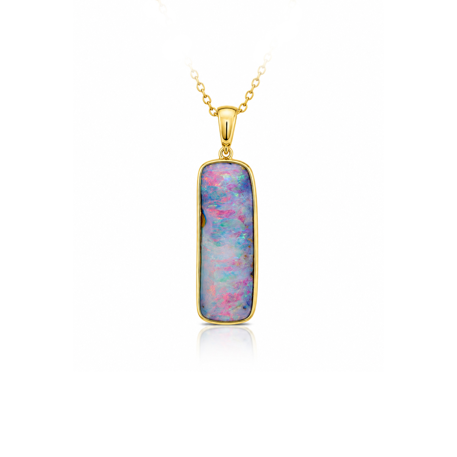 This handcrafted Australian boulder opal pendant showcases a captivating freeform opal with a delicate play of soft blue and pink colour, creating an elegant, painterly effect. Expertly set in 14k yellow gold, this one-of-a-kind pendant highlights the natural beauty and individuality of Australian boulder opal. A timeless addition to any fine opal jewellery collection.