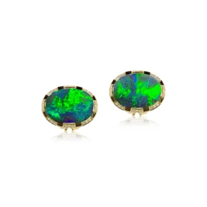 Australian crystal black opal earrings with electric green fire in 18k yellow gold