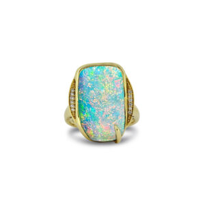A stunning natural Queensland boulder opal ring displaying a mesmerising pastel play of colour with shimmering blue, green and soft pink hues, beautifully presented in an 18k yellow gold design with diamonds.