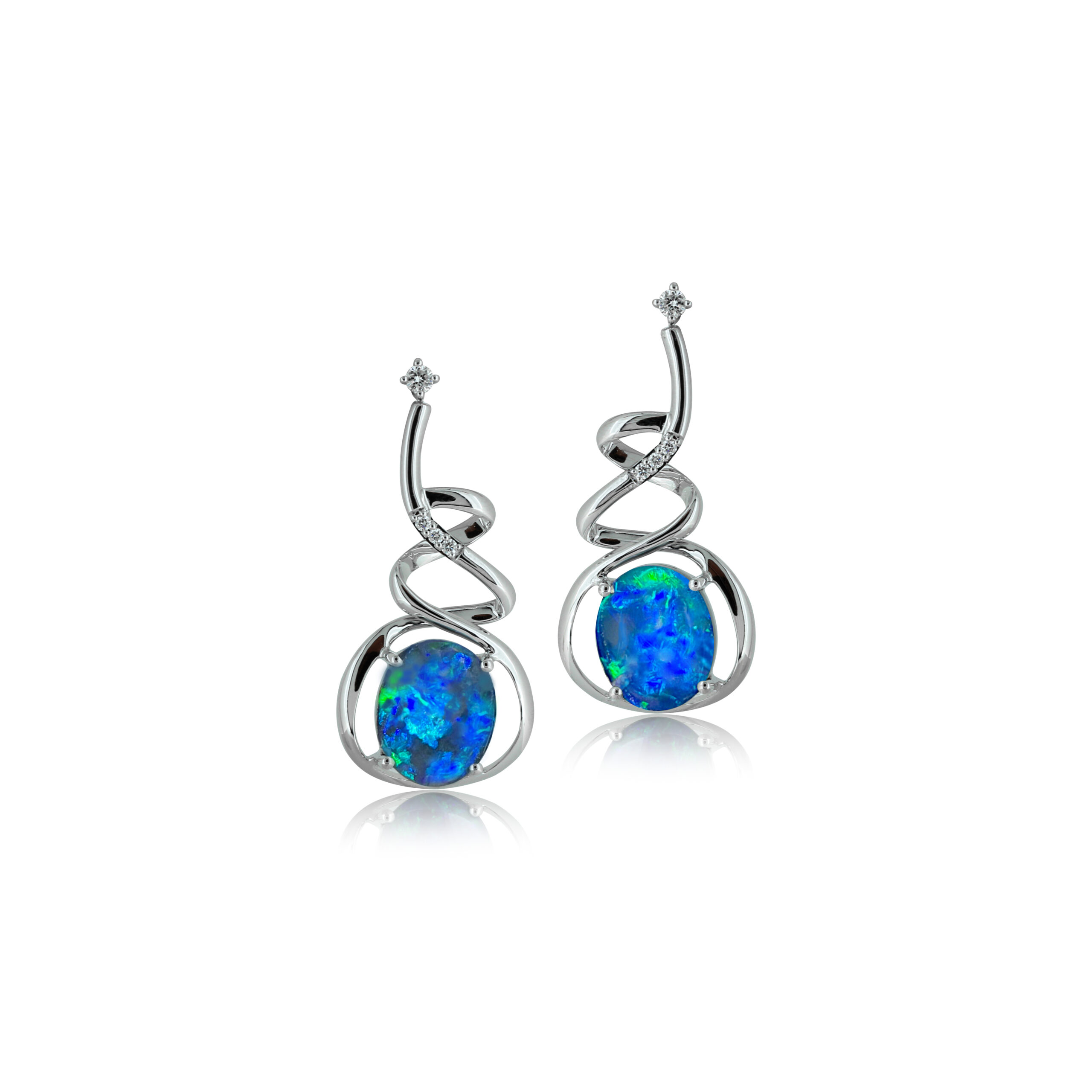 Inspired by graceful movement, these solid Australian black opal earrings showcase brilliant blue and vivid green play of colour, set in a contemporary 18k white gold swirl design with diamond detailing.