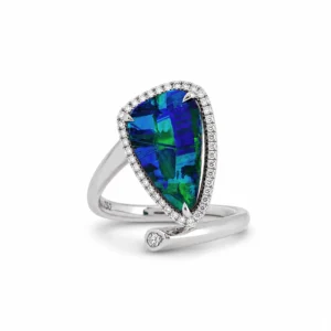 Modern Australian boulder opal ring with diamonds in 18k white gold