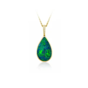 Solid Australian Black Opal Pendant with electric green fire and vivid royal blue flashes in 18k yellow gold