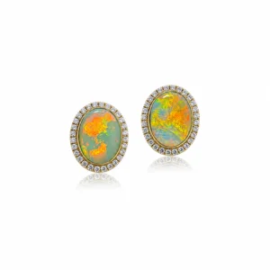 Gem-Grade Australian black opal earrings in 18k yellow gold, showcasing vivid red, orange and gold Fire