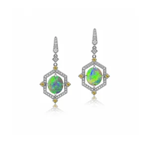 Contemporary Australian black opal geometric drop earrings with diamonds in 14k white gold