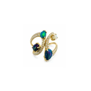 Australian solid black opal Crossover ring in 18k yellow gold