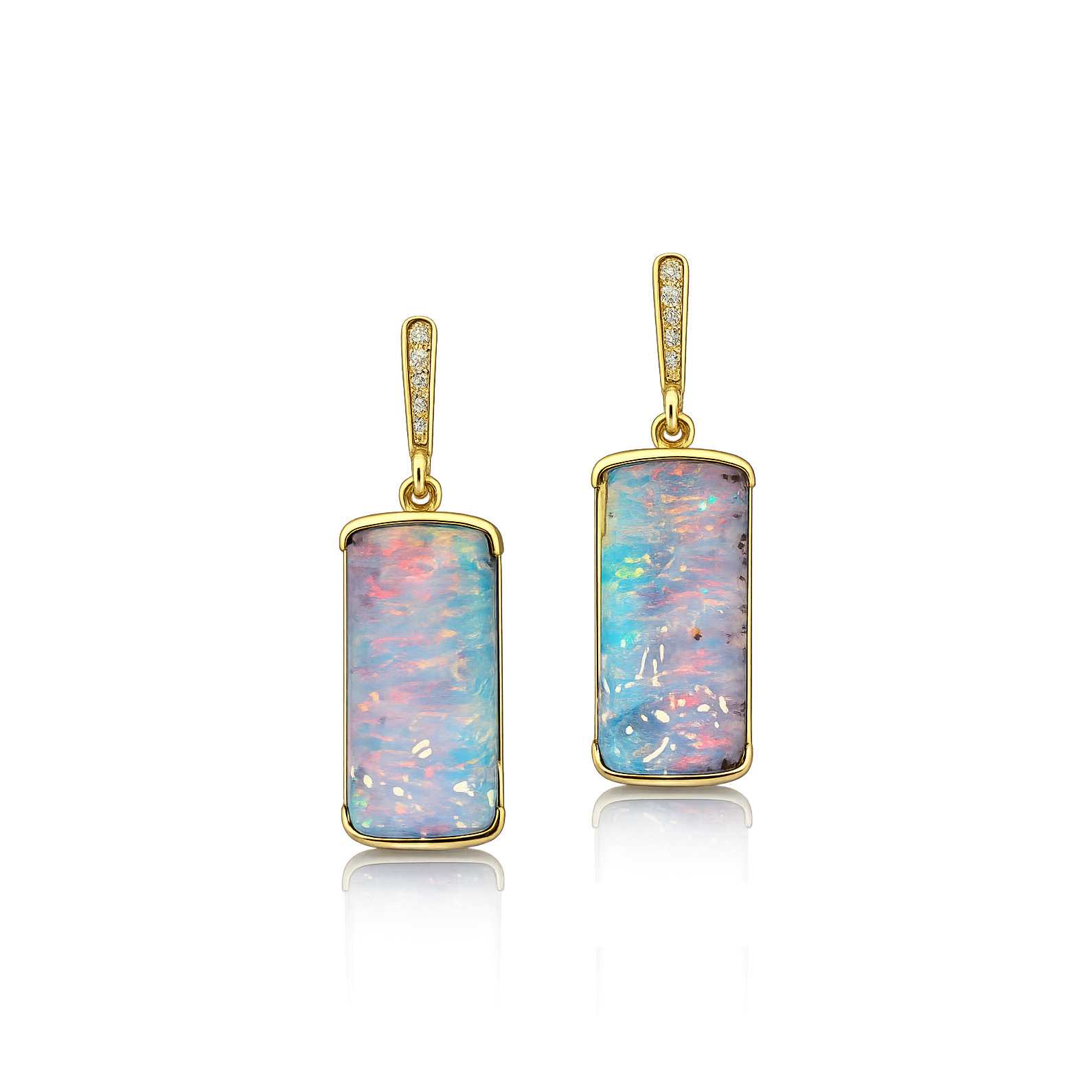 This handcrafted Australian boulder opal earrings features a striking rectangular gem with a soft play of blue and pink colour, reminiscent of an impressionist landscape. Set in elegant 14k yellow gold, this one-of-a-kind boulder opal ring showcases the natural artistry and individuality that make Australian opals so highly prized. A timeless piece for collectors of fine Australian opal jewellery.