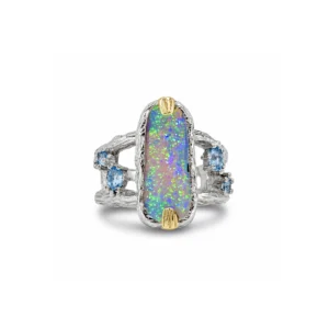 Queensland boulder opal ring with London blue topaz in sterling silver and 14k yellow gold