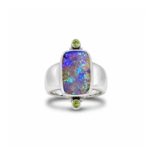 Solid Queensland boulder opal ring with peridot in sterling silver