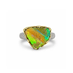 Australian freeform boulder opal ring set in sterling silver and 14k yellow gold