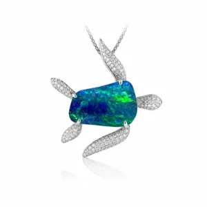 Handcrafted Australian boulder opal turtle pendant in 18k white gold with diamonds 22.13ct