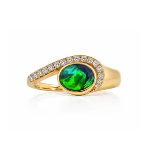 Lighting Ridge Black Opal Ring in 18k Yellow Gold with diamonds